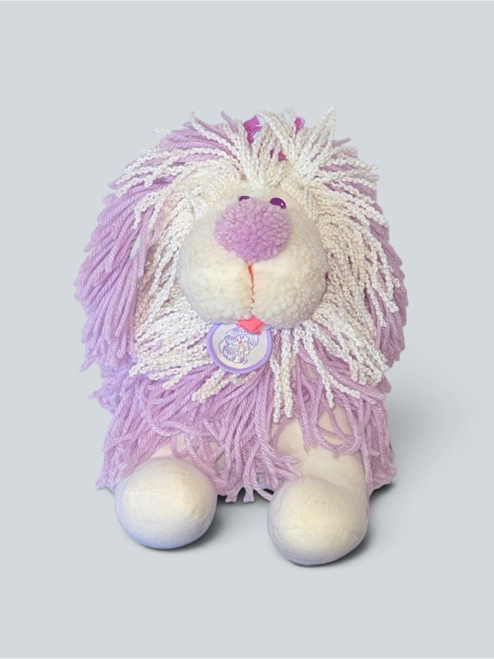 Vintage 1986 Kenner Fluppy Dogs Plush 12” Purple White Yarn Hair Dog Bow Collar